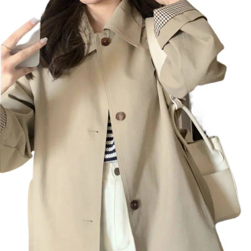 Áo khoác trench coat nữ dáng trung bình cổ vuông tay dài phong cách thanh lịch — Kaki, màu đen