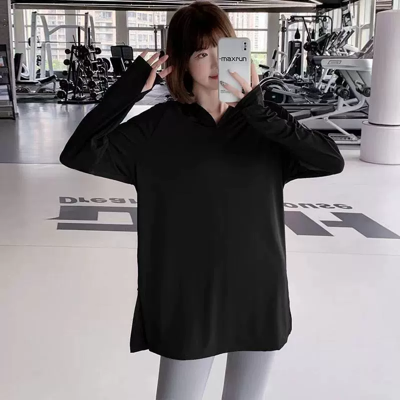 Костюм для йоги миди с капюшоном Спортивная одежда для похудения Женский фитнес-костюм больших размеров Свободная футболка для бега Топы