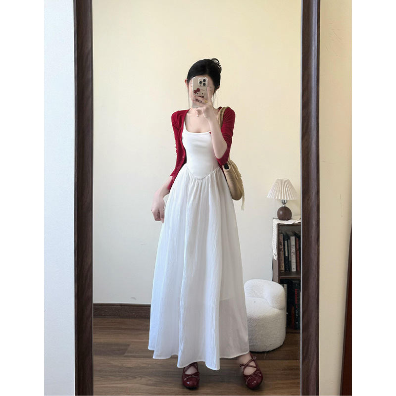 French-Style White Suspender Dress and Red Knitted Cardigan Set, Gentle Style for Early Spring Atmosphere, Two-Piece Outfit