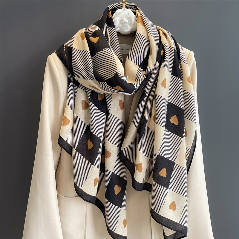 180g Weight Scarf Classification Street Occasion cotton and linen Material Lattice, Heart Shape Pattern Spring, Autumn Season Women's Gender IG Style Style Women's Ig Style Lattice Heart Shape Cotton And Linen Scarf 8