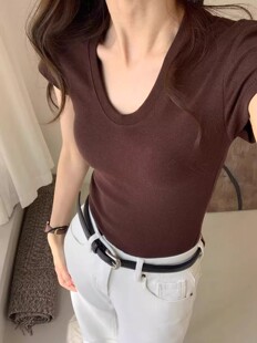 Красивый душевное U -collar плечо короткий рукав T -Find Woman новый летний обтягивающий стройнящий продвинутый смысл темперамент краткое модель куртка