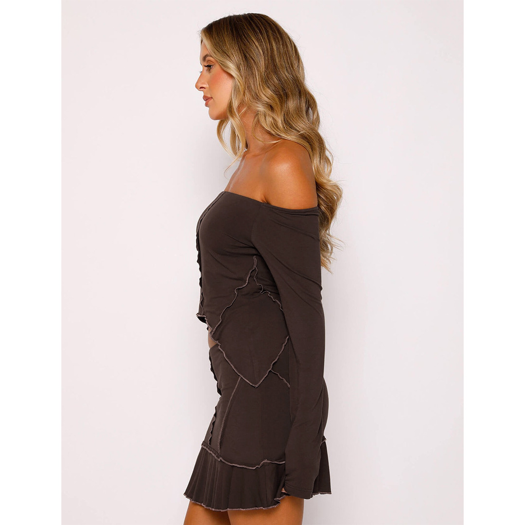 Women Clothing Sexy Solid Color Reverse Design Off Neck Skirt Set