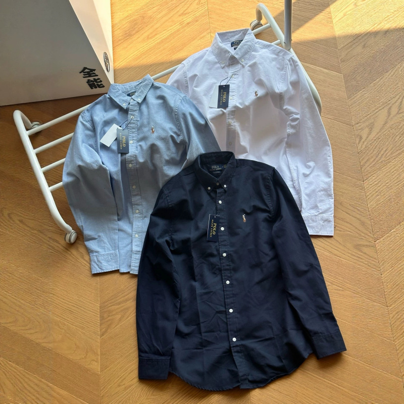Cross-Border High-Quality Qr Code Scannable Rl Ralph Lauren Men's Colorful Logo Embroidered Long-Sleeve Oxford Casual Shirt Wholesale