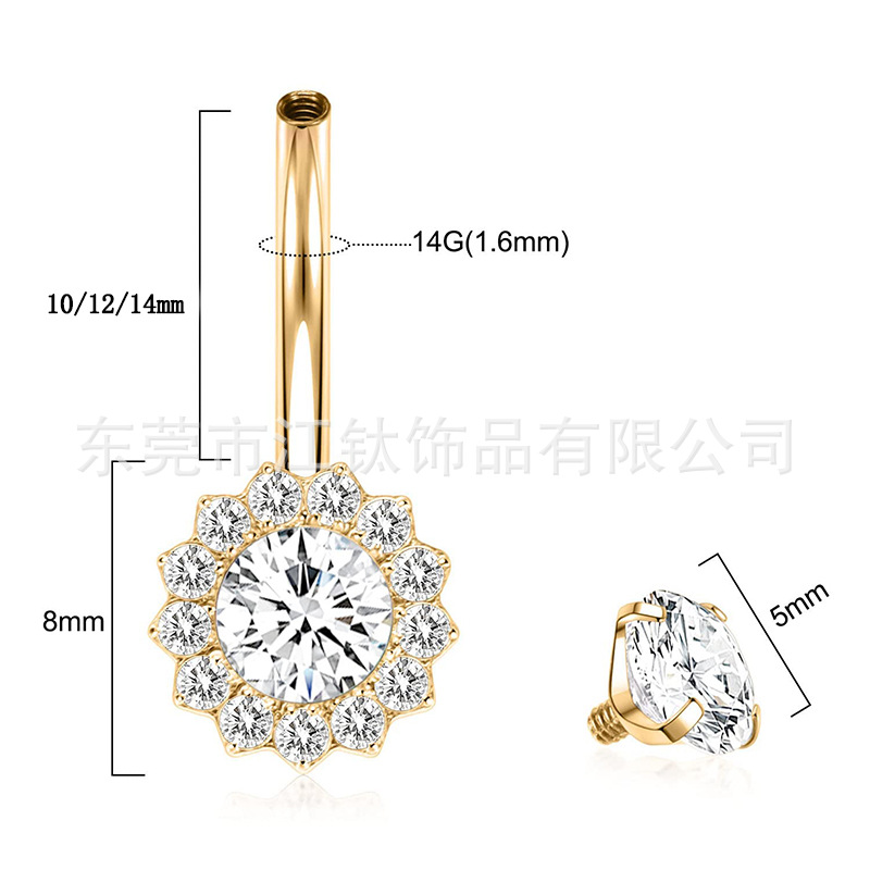 G23 Titanium Belly Button Ring Sunflower Inlaid Stone Cross Piercing Jewelry detail image 7