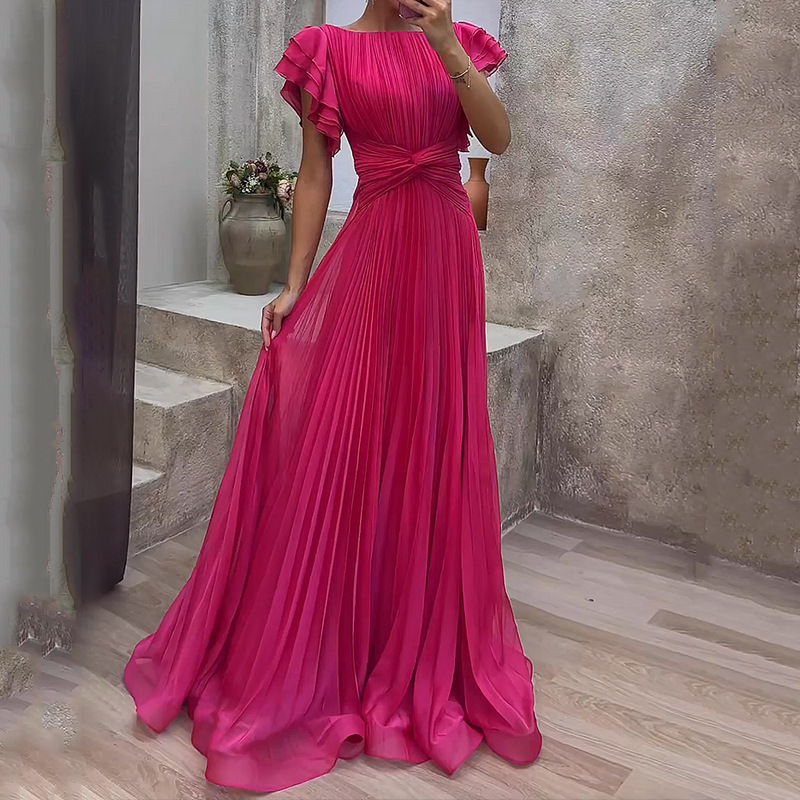 summer fashionable solid color dress with a round collar