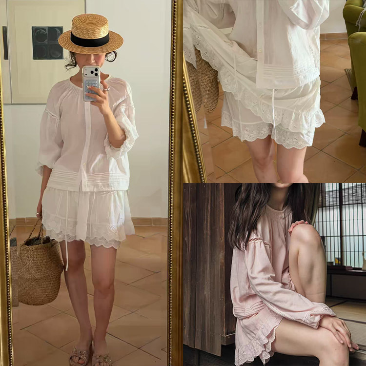 Fan Sun·Sc Korean-Style Lace Round-Neck Tie Long-Sleeve Shirt/Double-Layer Skirt Pants Dongdaemun Summer New Set Fan Sun·Sc Korean-Style Lace Round-Neck Tie Long-Sleeve Shirt/Double-Layer Skirt Pants Dongdaemun Summer New Set