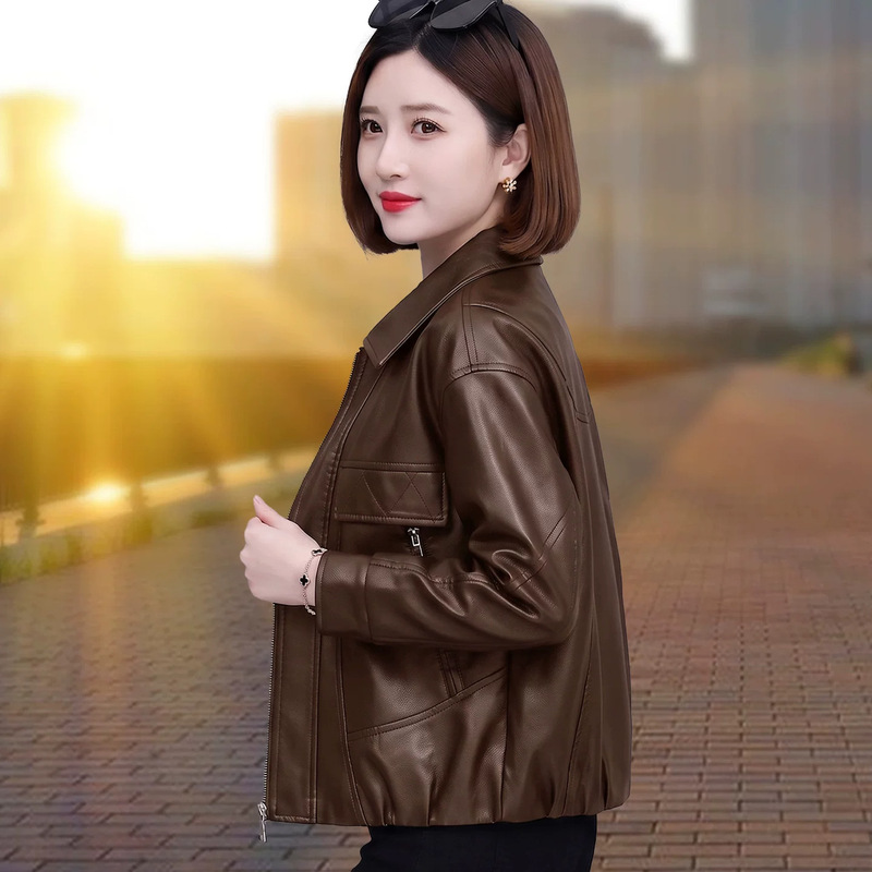 Short, collared, casual leather jacket for women, spring/autumn 2026 new style, suitable for petite figures, PU leather jacket top