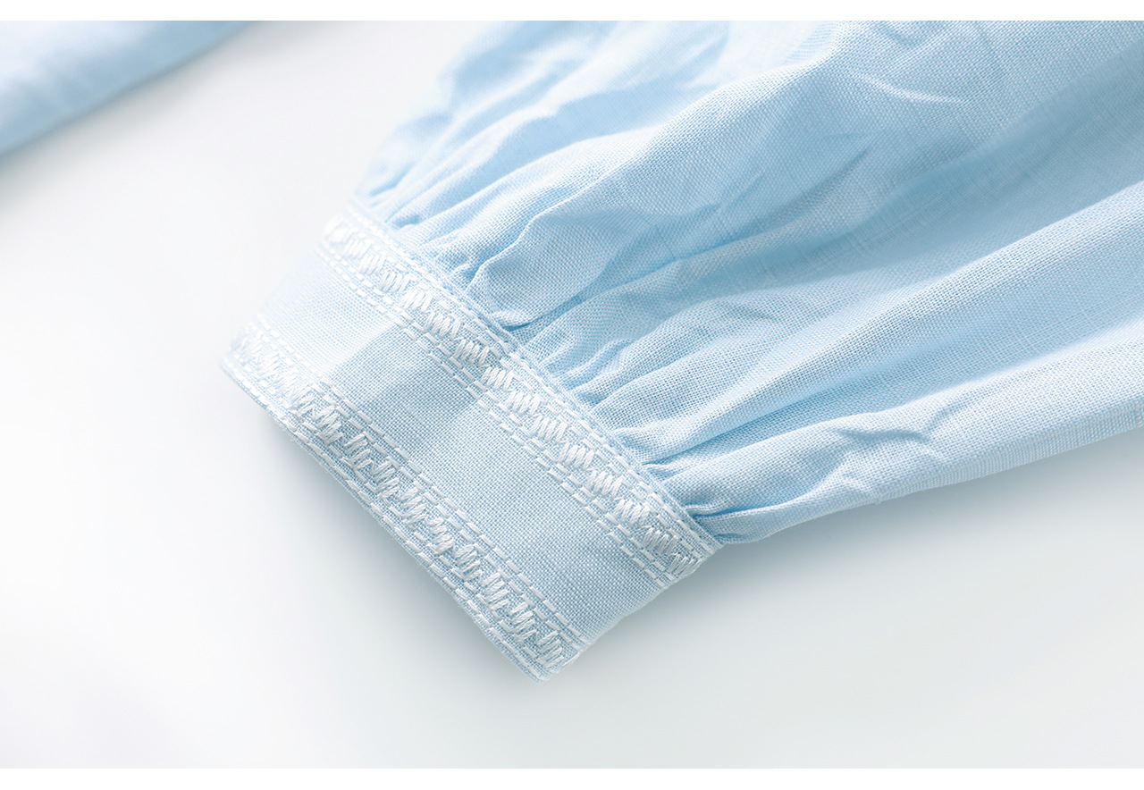 Áo sơ mi nữ chất liệu linen phối màu tay ngắn phong cách Pháp — màu xanh nhạt chi tiết 27
