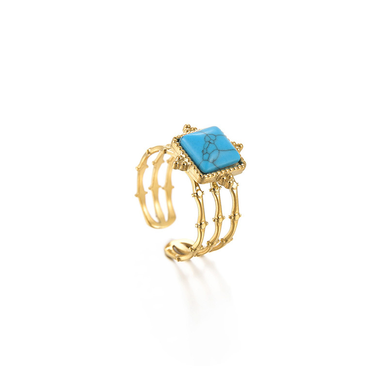 New 14k Gold Bamboo Square Blue Turquoise Stainless Steel Open Ring display picture 1
