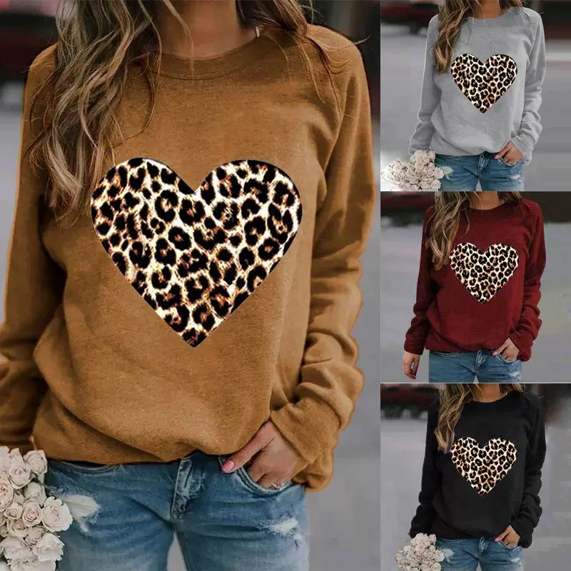 Осенние и зимние топы с длинными рукавами, новый популярный повседневный пуловер с леопардовым принтом и принтом любви, европейский и американский свитшот с круглым вырезом для женщин