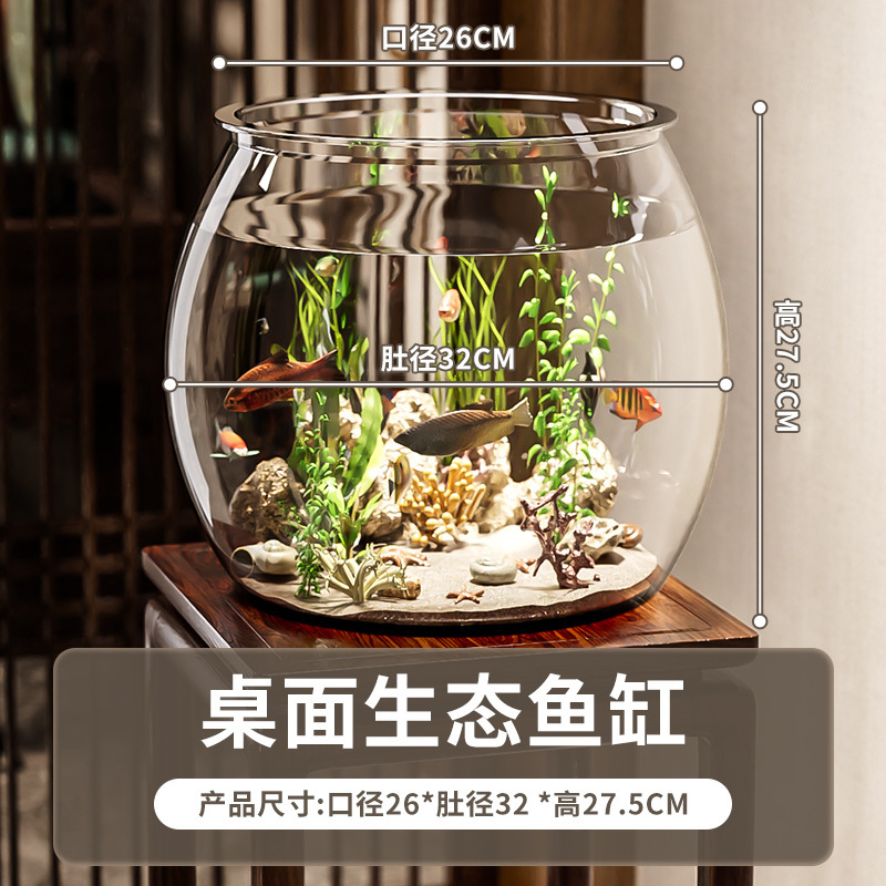 デスクトップ水槽、リビングルーム、小さな生態金魚水槽、オフィスデスク造園、丸型ベタ水槽、高透明カメ水槽|undefined