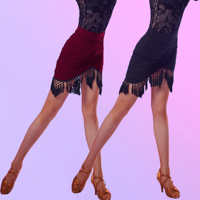 black wine lace Latin dance skirts female adult ballroom latin dance uniforms salsa chacha tassels dance  skirt for women girls 