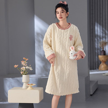 冬季法兰绒睡裙女长袖休闲风秋冬加绒加厚甜美可爱家居服套装多色