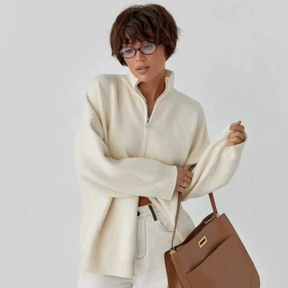 慵懒风立领毛衣外套男女设计感双拉链针织开衫秋冬季宽松休闲上衣