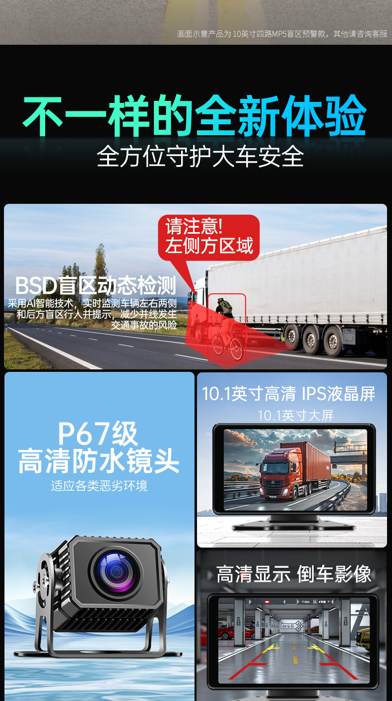 Truck Dash Cam 4-Channel Remote Blind Spot Warning Full Color Night Vision Backup Camera Universal