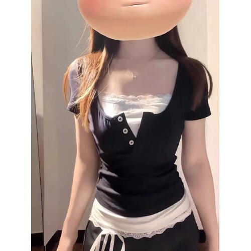 Korean Lace Splicing Fake Two-Piece Short-Sleeved T-Shirt for Women Summer 2025 New Right Shoulder Slim Short V Neck Top Korean Lace Splicing Fake Two-Piece Short-Sleeved T-Shirt for Women Summer 2025 New Right Shoulder Slim Short V Neck Top
