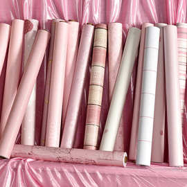 9QXC自粘壁纸防水温馨女孩卧室大学生宿舍粉色条纹柜子书桌翻新墙