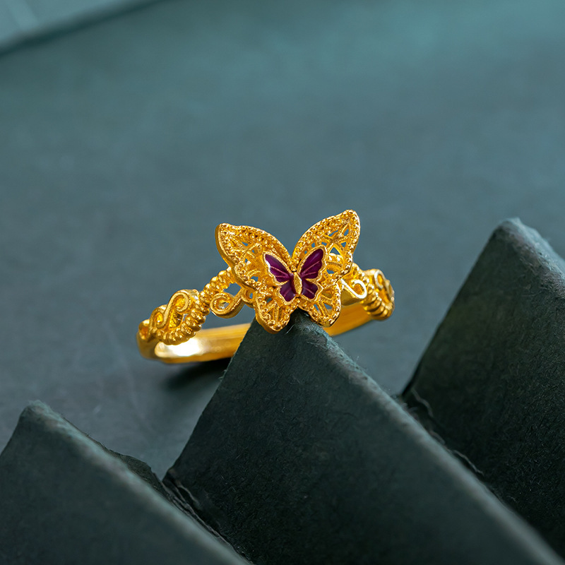 National Tide Palace Style Filament Butterfly Pendant Dream Butterfly Set Anello color smalto oro_voghion.com