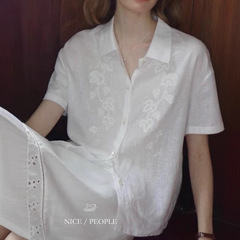 Nice people2025SS ハイエンド 100 ナチュラルリネンヘビー刺繍白半袖シャツ女性用