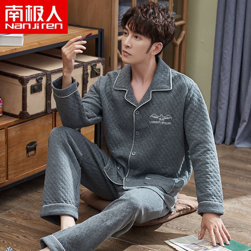 Pijamas hombres 100% algodón Otoño e Invierno Nuevo más tamaño joven y de mediana edad intercalar espesado cálido traje de primavera y otoño
