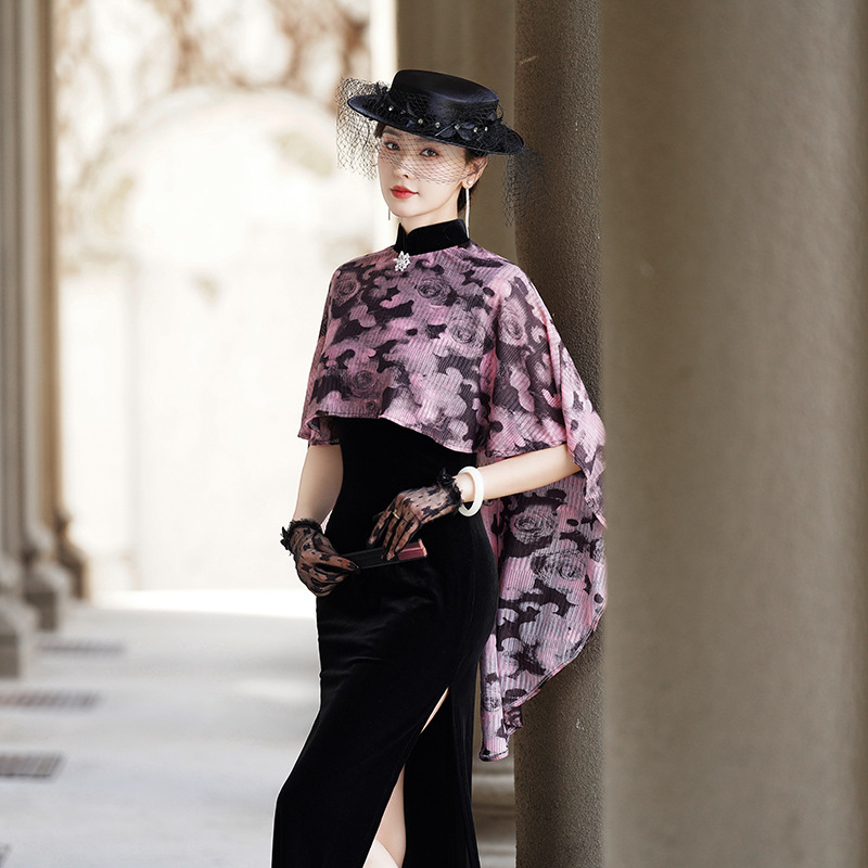 2026 New Model Runway Qipao Plus-Size Slim-Fit Cape Chinese Style Retro Elegant Host Etiquette Performance Team Uniform Summer