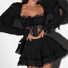 法式名媛聚会高级感蕾丝拼接礼服两件套2025新款秋季女装黑色套装