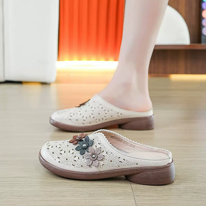 镂空拖鞋女外穿妈妈鞋休闲时尚夏季防滑平底复古凉鞋女包头拖