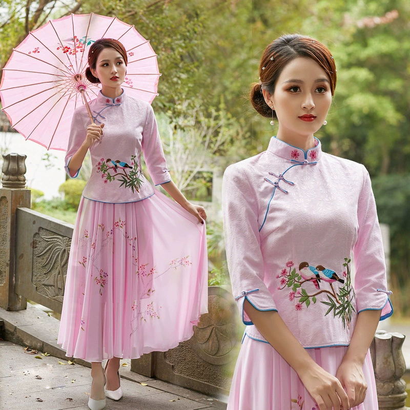 Китайский стиль китайский элемент этнический стиль изысканный милый сорока вышивка с семиточными рукавами китайский ретро чонсам топ женский