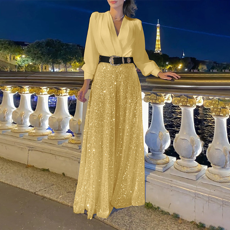 Women's Clothing dress women's spring and autumn high end V neck long sleeved shirt temperament elegant waist sequin French wide leg pants_voghion.com