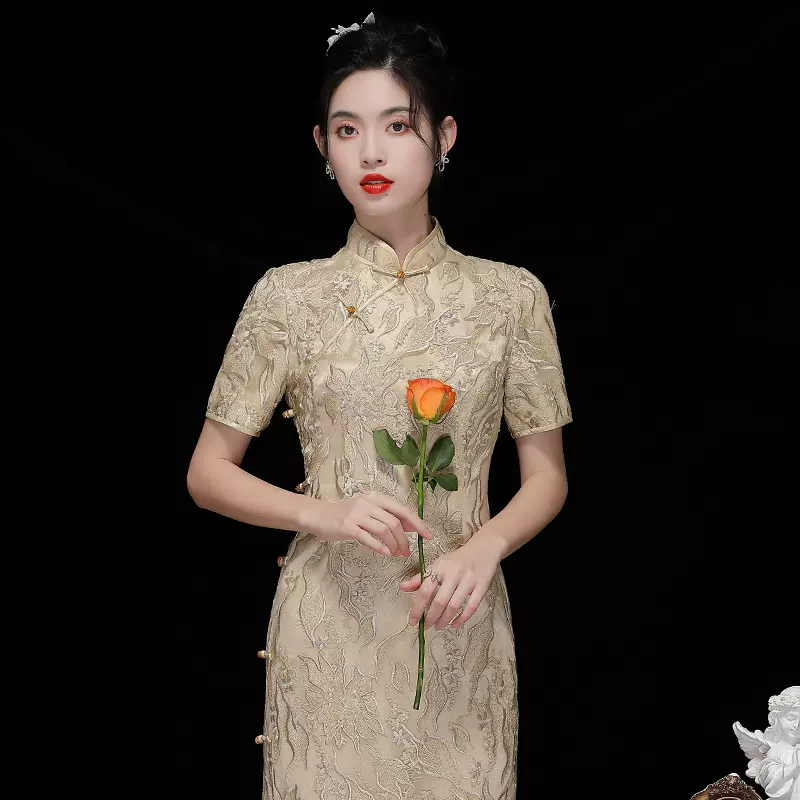 新中式中国风女装优雅旗袍年轻气质蕾丝金线重工刺绣连衣裙230172