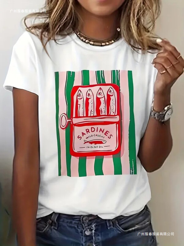 Women's Sardine Retro Graphic T-Shirt - Short Sleeve Crew Neck Casual Summer Top Print Beachwear and Loungewear Women's Sardine Retro Graphic T-Shirt - Short Sleeve Crew Neck Casual Summer Top Print Beachwear and Loungewear