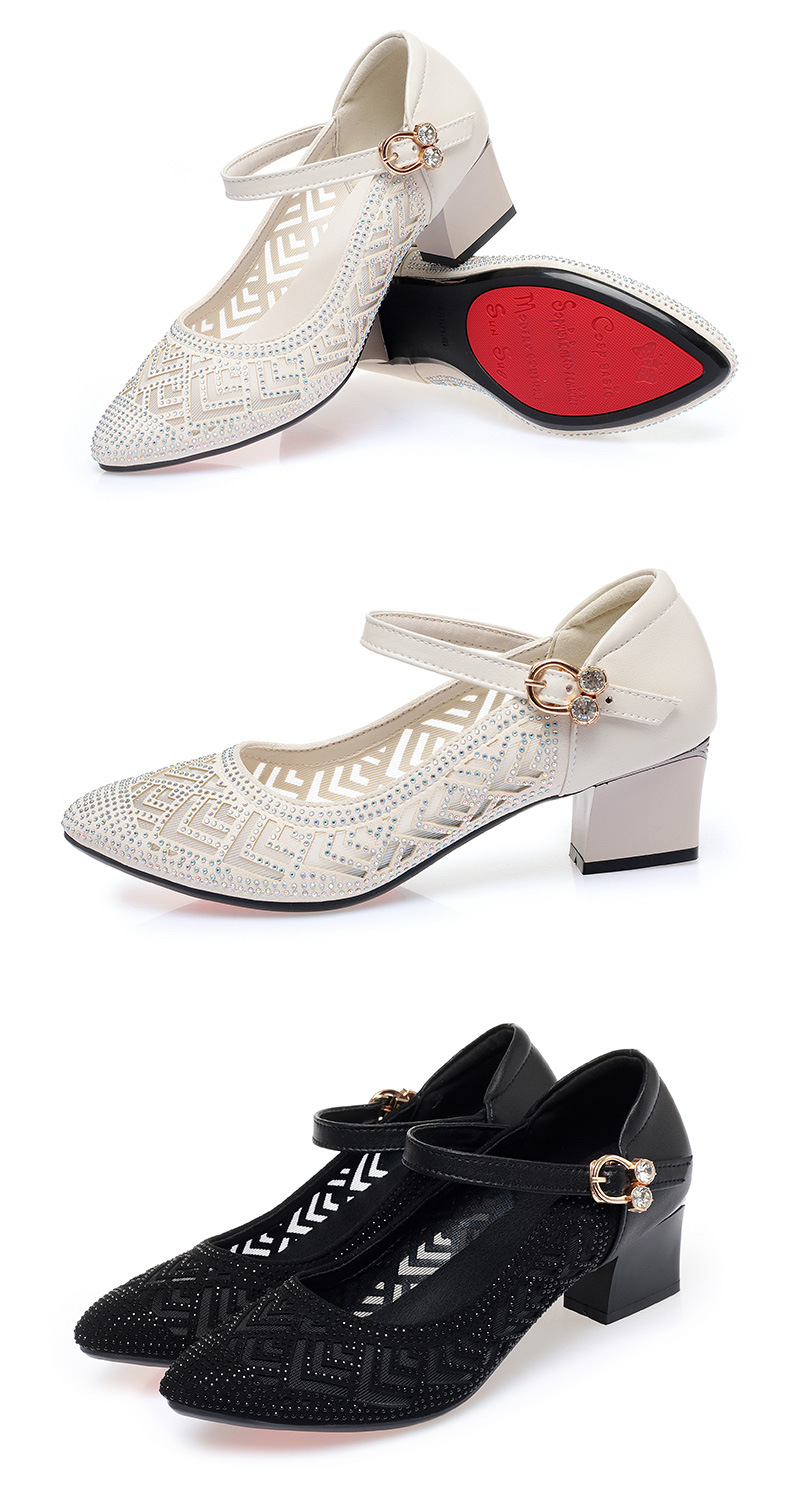 Sandal nữ da thật mũi kín lưới hở gót vuông ổn định — màu đen chi tiết 16