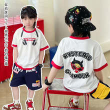 日系黑超奶嘴童装儿童短袖T恤 男童两件套卡通耳机印花上衣半袖夏