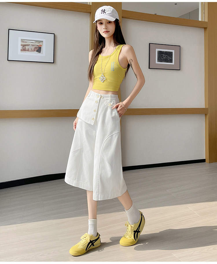 Quần culottes nữ ống rộng cạp cao dáng suông vải cotton — màu trắng chi tiết 17