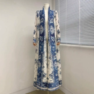 三宅高级感褶皱长款风衣女秋冬宽松时尚百搭印花通勤款外套风衣