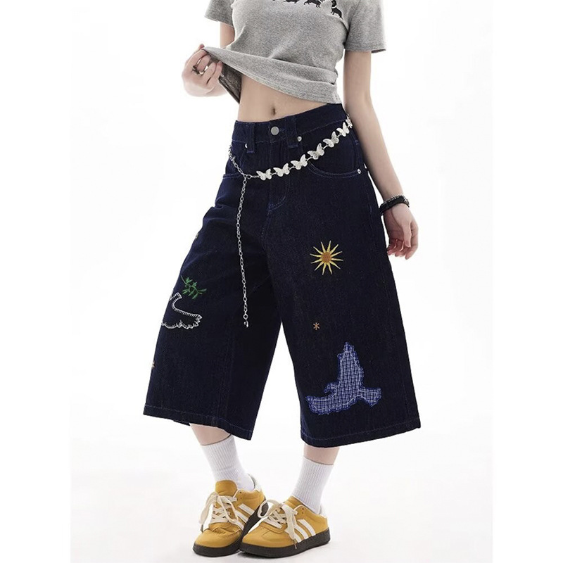 楽しい刺繍デザインのジーンズ、女性用クロップドパンツ、アメリカンハイストリートルーズワイドレッグパンツ、カジュアルな個性のミッドパンツ|undefined