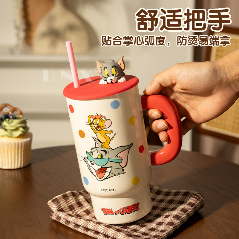 Gatos y ratones de gran capacidad con tazas de tapa copas de paja tazas de cerámica tazas de café caseras regalos para mujeres