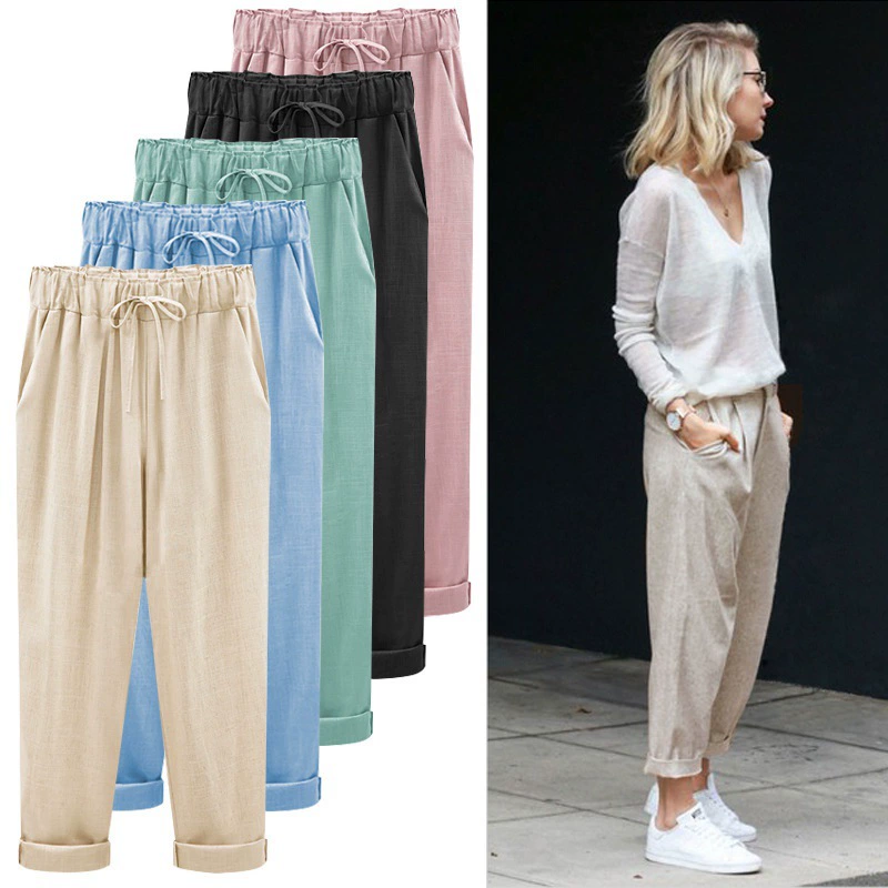 Amazon eBay AliExpress 2023 европейские и американские женские свободные тонкие льняные повседневные брюки больших размеров, брюки из Харлана, женские