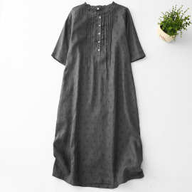 夏季时尚新款宽松大码女装高端印花文艺复古木耳边领棉麻连衣裙