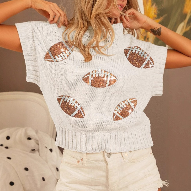 Rugby Jacquard Turtleneck Women's Knitwear Short-Sleeved High-End 2025 New European and American Pullover T-Shirt Summer