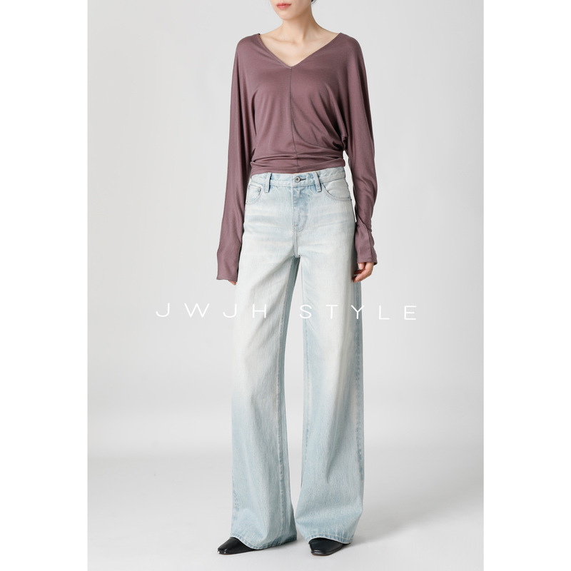 Casual and relaxed low-waist wide-leg pants for women, loose-fitting and slimming straight-leg jeans with a drapey feel for autumn and winter [private label manufacturing]