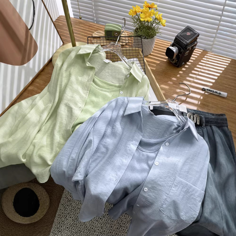 French-Style Ice Silk Sun Protection Shirt for Women, Summer Thin Silk Shirt, High-End Wrinkle-Resistant Long-Sleeved Sun Protection Top, Two-Piece Set French-Style Ice Silk Sun Protection Shirt for Women, Summer Thin Silk Shirt, High-End Wrinkle-Resistant Long-Sleeved Sun Protection Top, Two-Piece Set