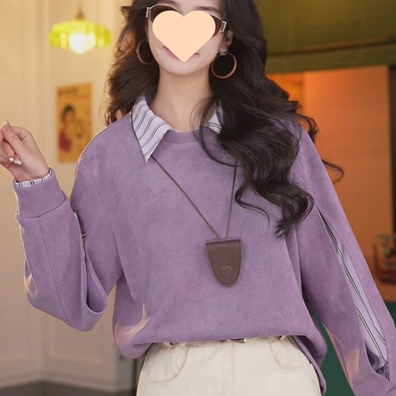 港风复古拼接宽松假两件上衣女2025新款秋冬季|undefined
