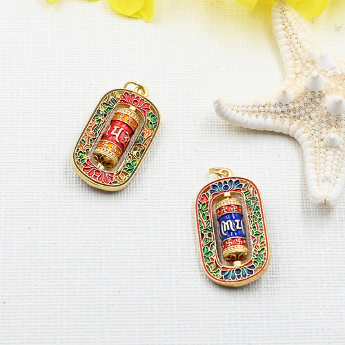 Tibetan Six Syllable Mantra Prayer Wheel Pendant Sand Gold Enamel Knitwear Chain Accessory Wholesale