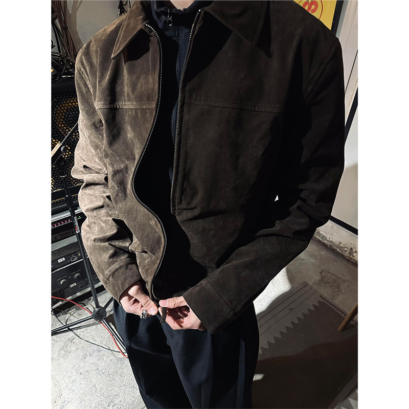 深棕色美式复古短款外套男款春季高级感痞帅cleanfit正肩翻领夹克|undefined