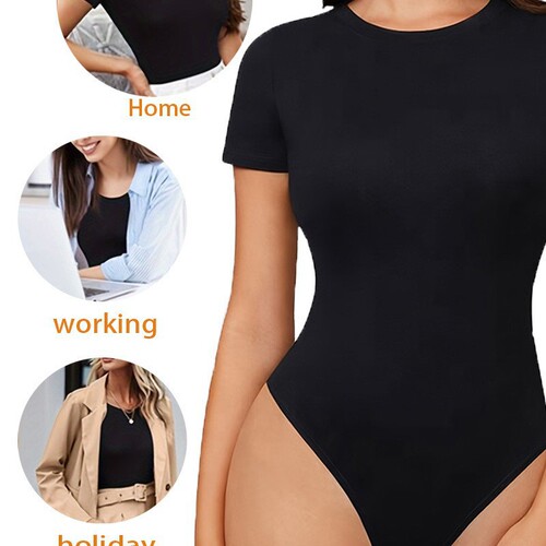 Cross-border lady round neck short sleeve one-piece tight bodysuit basic T-shirt top G-string panty full-body shaping buttock-lifting