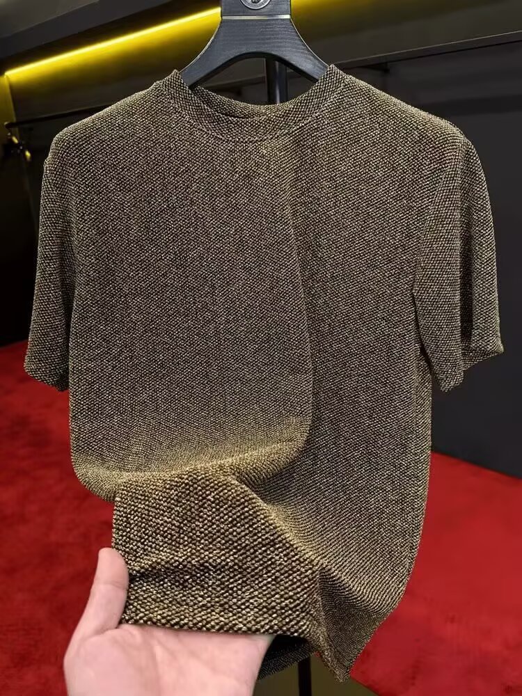 T-shirt texturé uni pour homme, manches courtes, coupe ample, épais, style américain tendance_voghion.com