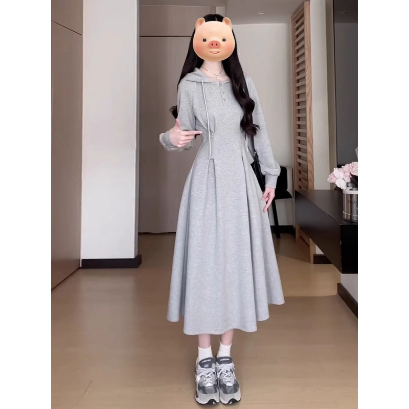 한국 대학 스타일 회색 후드 스웨터 원피스 여성 2024 가을 작은 기질 허리 슬리밍 스커트