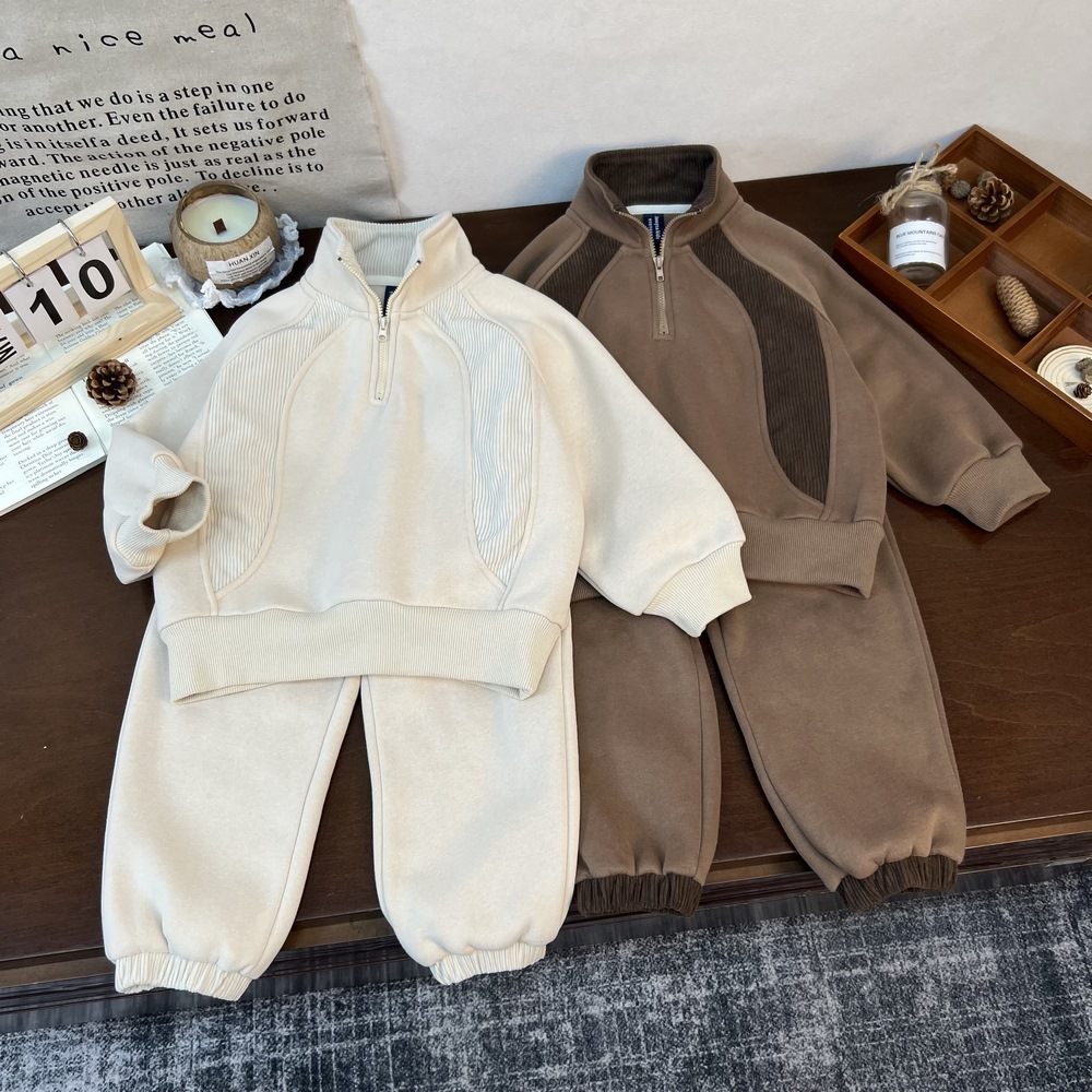 儿童ins撞色灯芯绒卫衣套装25秋冬 男女童时尚立领卫衣卫裤两件套