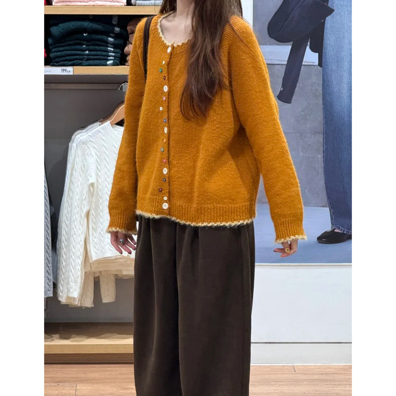 Round-neck frayed edge knitted cardigan for women with colorful candy buttons, soft and relaxed, loose casual autumn and winter sweater coat